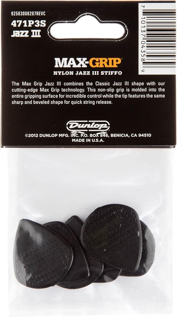 Dunlop_Max Grip_Jazz III_Jeu de 6 médiators en fibre de carbone (1,38mm)