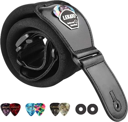 LEKATO_TZ45-55_Sangle à Mousse épaisse de guitare avec extrémités en cuir pour guitare Basse, électrique et acoustique